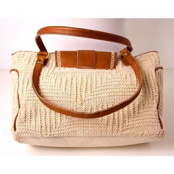 LRG BONFANTI NATURAL KNIT COTTON BROWN GENUINE LEATHER SHOULDER BAG HANDBAG HOBO - Picture 7 of 12